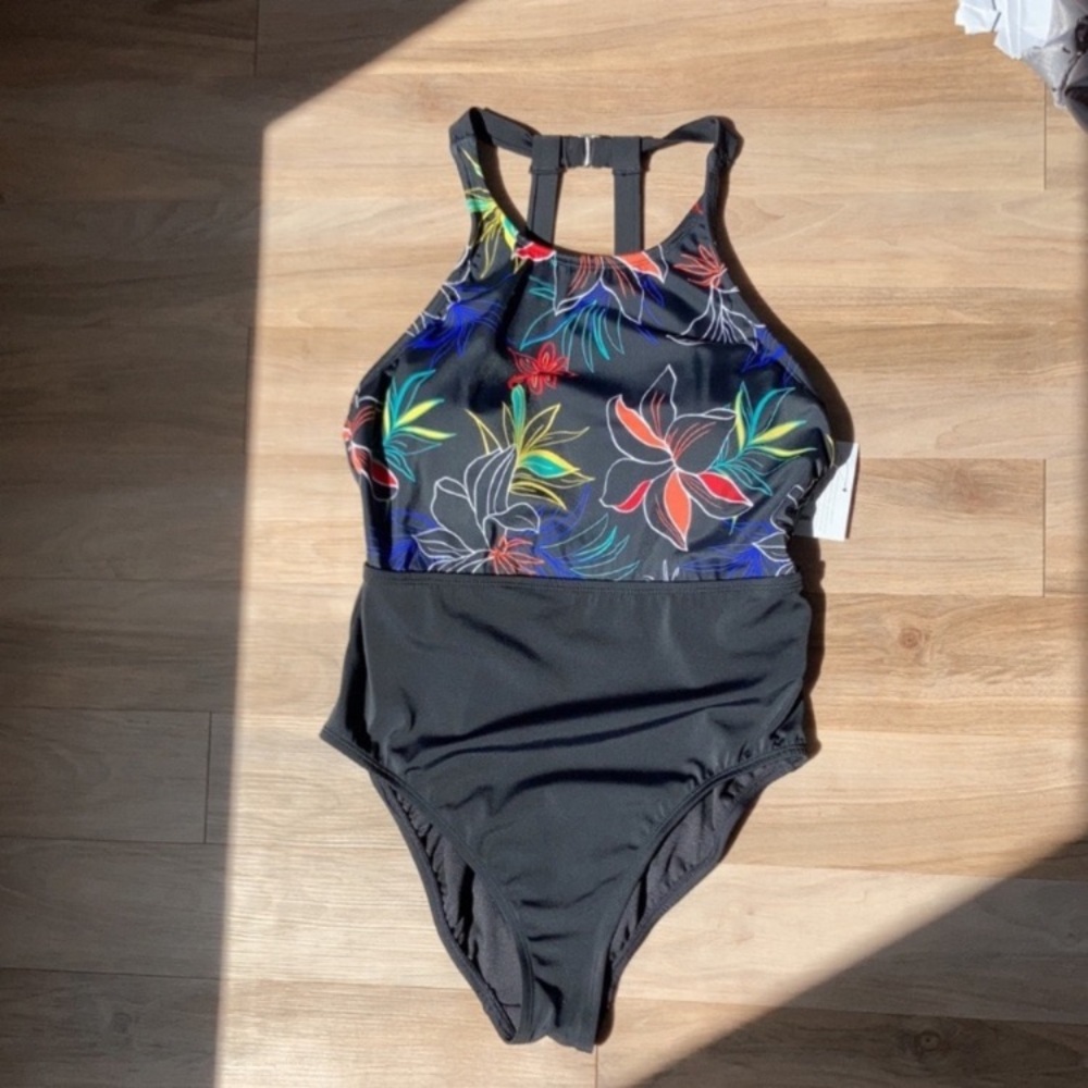 Ecobeach one piece swimsuit high neck black w floral printed swimsuit  L - Picture 7 of 17